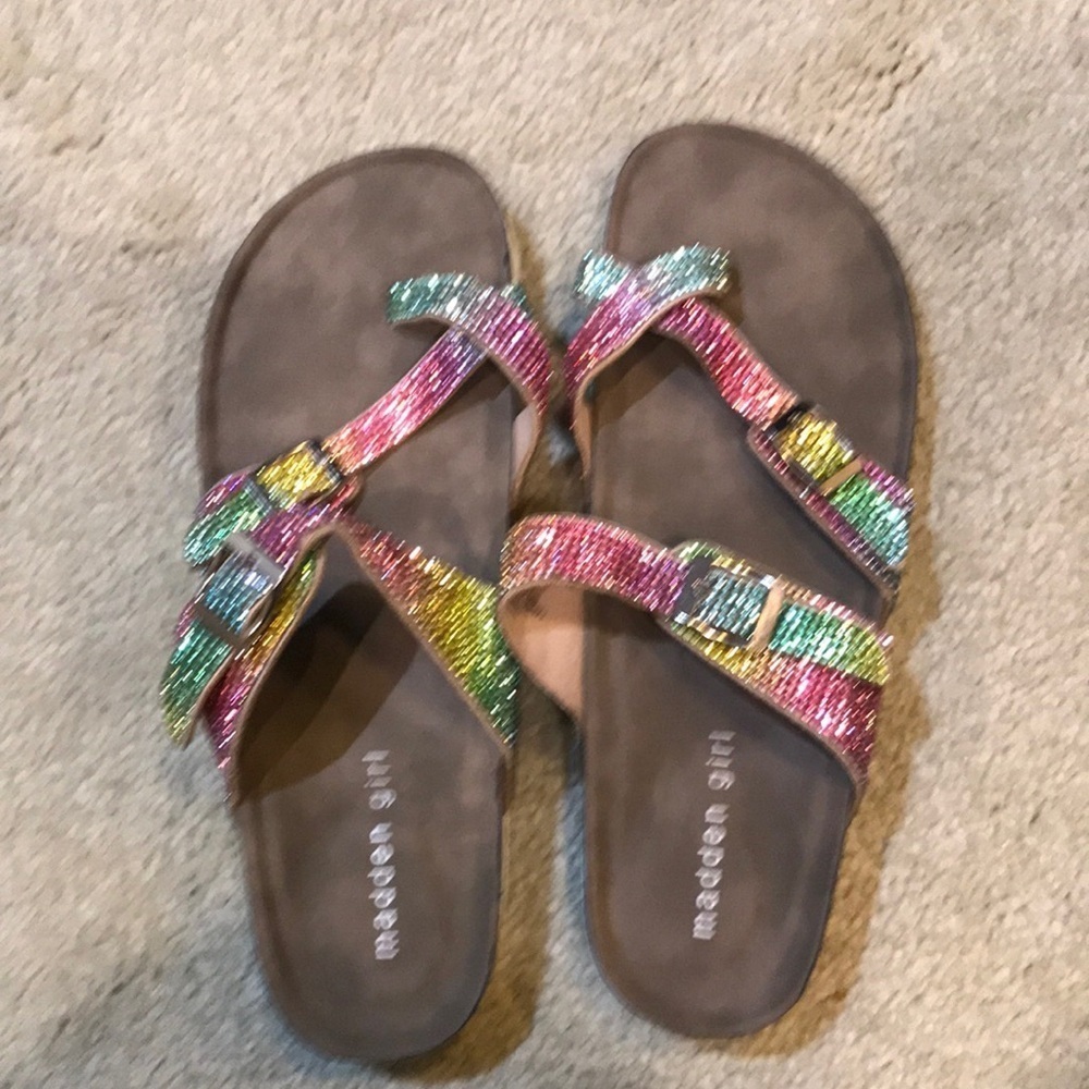 Madden girl Brycee Rainbow Bling Slip On sandals with Buckle Closure-Size 7.5